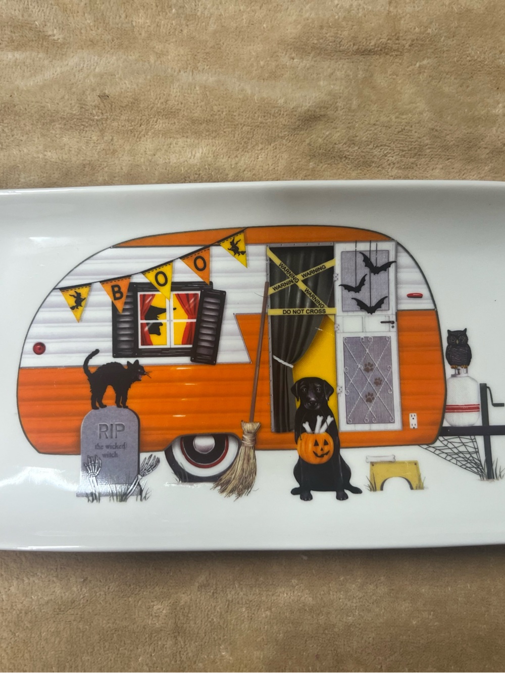 Halloween vintage Camper Serving Platter black lab,  - Orange & White